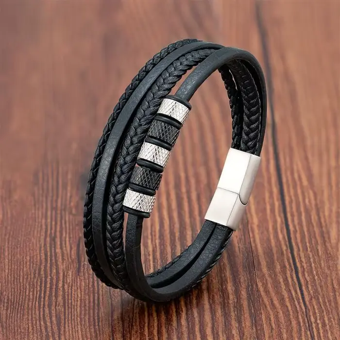 Bracelet de luxe en perles d'acier inoxydable pour hommes, bijoux classiques multicouches en cuir tr