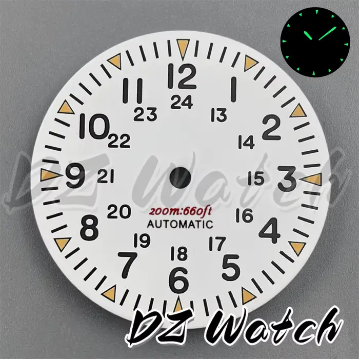 Cadran de montre DZ 29 mm avec index noir, blanc, bleu et aiguilles vertes lumineuses, compatible av