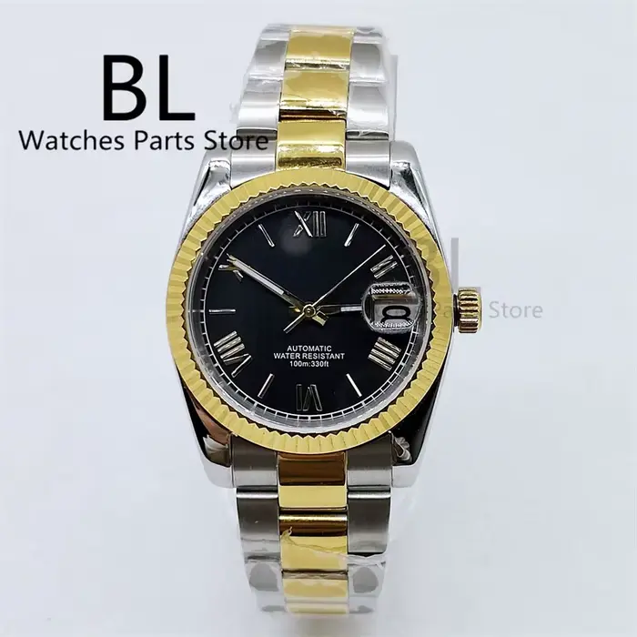 BLIGER-Montre Lunette Cannelée pour Homme, Mouvement NH35, Verre Saphir, Deux Tons, Chiffres Romains