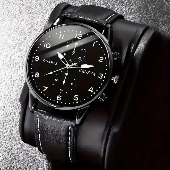 Ensemble montre à quartz en cuir PU pour homme avec portefeuille et stylo de signature