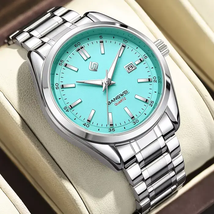 BANGWEI nouveau luxe hommes montre haut de gamme classique affaires en acier inoxydable double calendrier Quartz