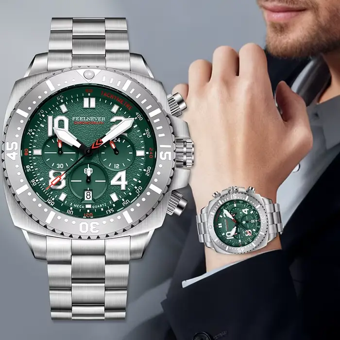 Montre de plongée chronographe à cadran vert de la marque haut de gamme FEELNEVER pour hommes