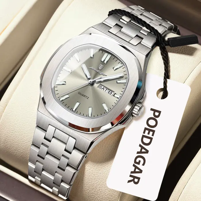 POEDAGAR carré femme montre Date semaine étanche lumineux dames montre en acier inoxydable Quartz mo