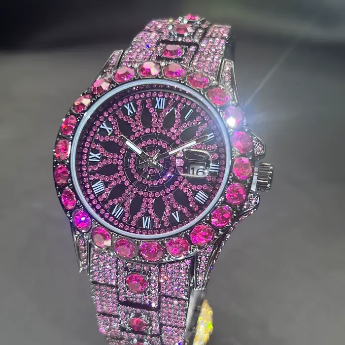 Vente chaude Rose glace montre pour hommes marque de mode MISSFOX Hip Hop plein diamant luxe bijoux Quartz montre-bracelet homme nouveau 2025