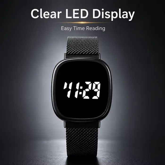 Montre en alliage avec bracelet maille métallique affichage numérique LED pour homme et femme occasions spéciales
