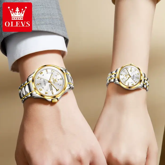 OLEVS 2910 luxe hommes femmes Couple montre double calendrier affichage étanche en acier inoxydable horloge or diamant