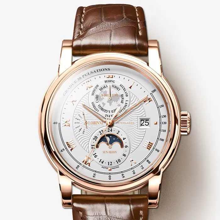 Montre mécanique LOBINNI Seagull ST16K3-3A homme automatique avec fonction heure mondiale, affichage de la semaine, date, 24 heures, phase lunaire et résistance à l'eau 50M