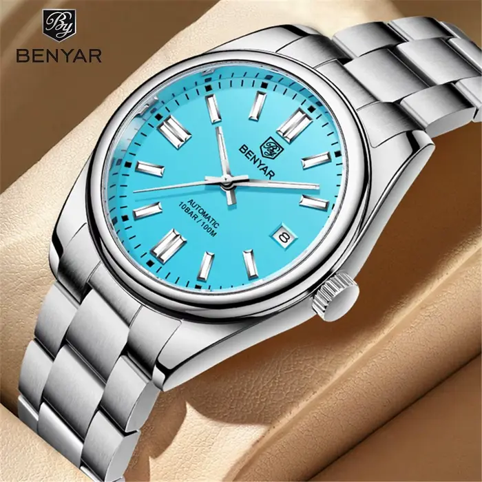 Montre mécanique homme BENYAR acier inoxydable avec mouvement automatique et résistance à l'eau 10 bars pour occasions diverses