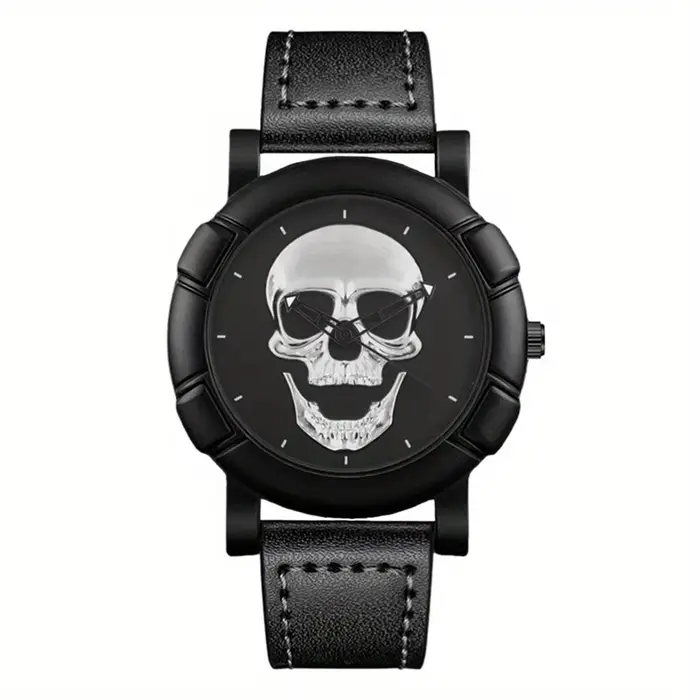 Montre RUNERR à Quartz Motif Tête de Mort Homme Occasions Spéciales Bracelet Cuir PU Bronze Noir