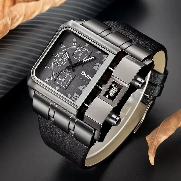 Montre Hip-Hop Oulm Style Urbain Bracelet en Cuir Tendance Élégante Pour Homme Occasions Spéciales