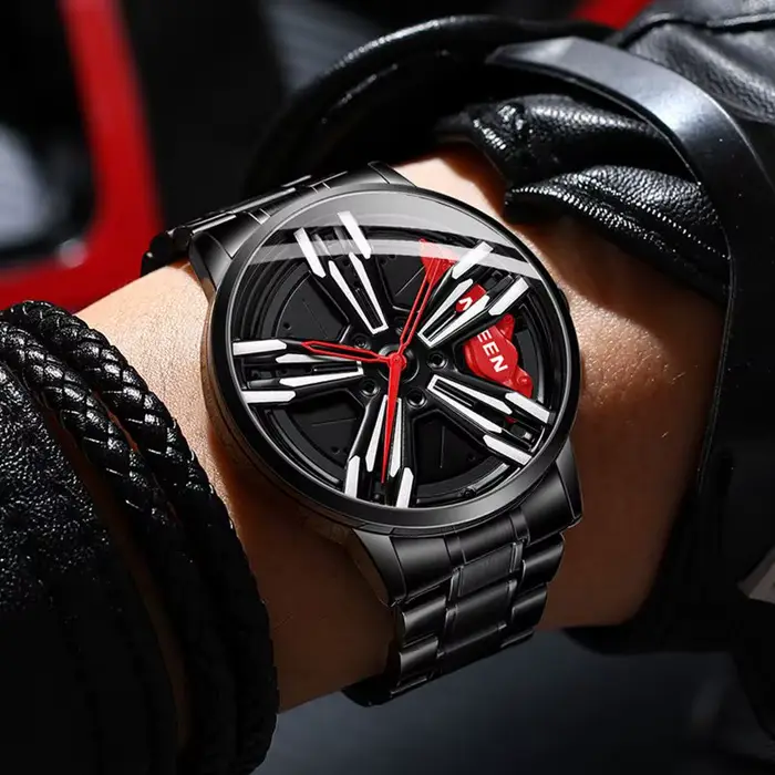 FNGEEN montre de course pour hommes personnalisé Super voiture jante conception en acier inoxydable noir rétro étanche