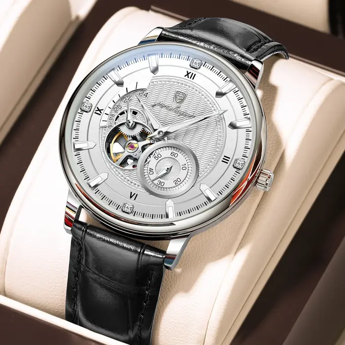 Montre POEDAGAR automatique avec tourbillon ajouré et bracelet en cuir pour hommes d'affaires et occasions spéciales