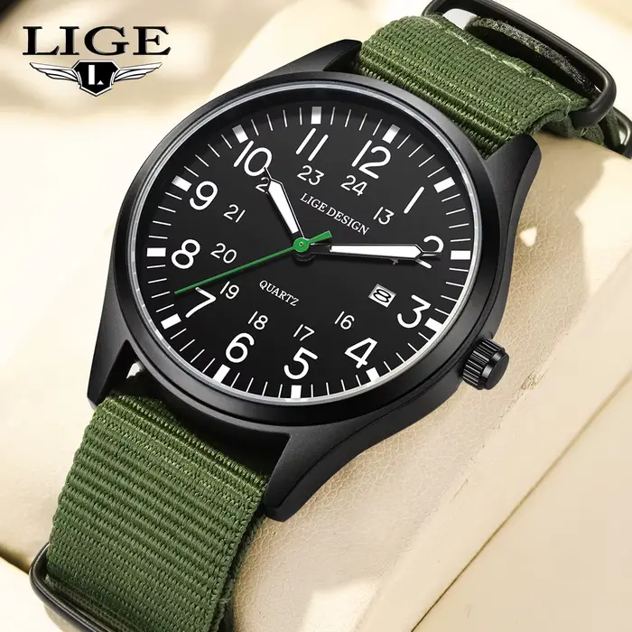 LIGE Top marque de luxe hommes montre à Quartz Date Nylon cuir étanche lumineux militaire sport mont