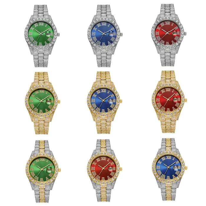 Hip Hop luxe hommes calendrier montre en acier inoxydable couleur or glacé pavé strass montre-bracelet Reloj Hombre