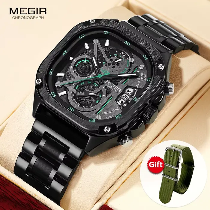 Montre MEGIR à Quartz noire homme étanche cadran carré montre-bracelet avec chronographe bracelet en acier inoxydable aiguilles lumineuses Date automatique occasions spéciales