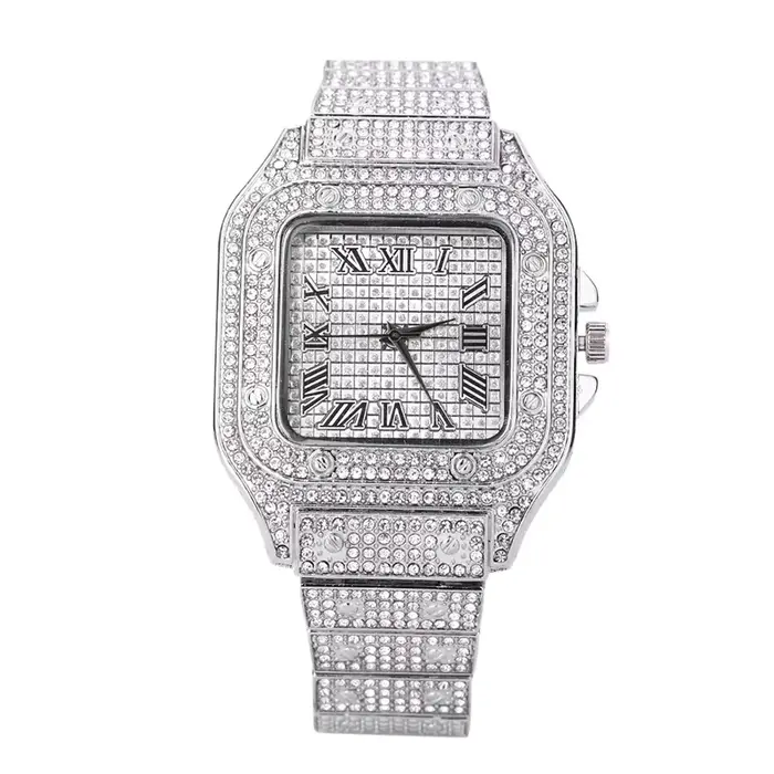 Montre à Quartz Carrée en Diamant Luxe Bracelet Acier Inoxydable Clouté Strass Pour Hommes Femmes Occasions Spéciales
