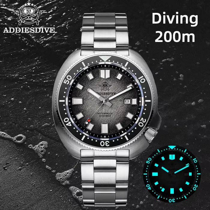 ADDIESDIVE hommes montre verre saphir AR enduit montres à Quartz lumineux 200m étanche tortue plonge