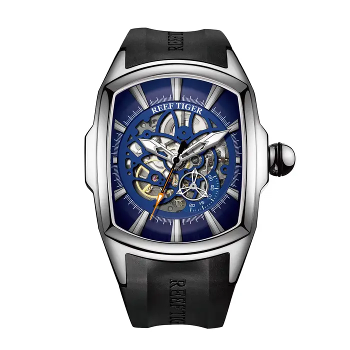 Montre automatique squelette en or rose pour homme Reef Tiger, design baril de vin, mécanique de lux