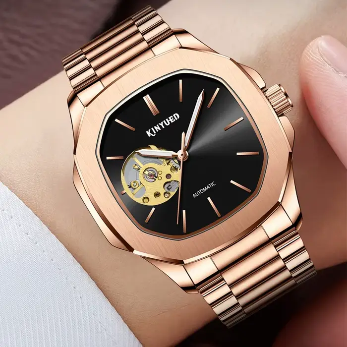 Montre KINYUED Mécanique Hommes Luxe Acier Inoxydable Squelette Tourbillon Résistante À L'Eau Occasions Spéciales