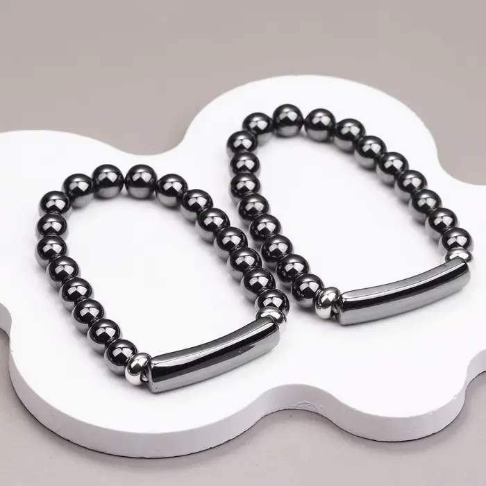 Bracelet en hématite naturelle pour hommes – Perles en forme de baril pour la paix