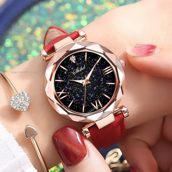 Montre lumineuse strass romantique ciel étoilé en cuir pour femmes occasions spéciales romantique glamour quartz acier bronze café multicolore rose
