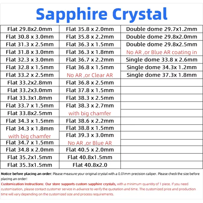 Verre saphir pour Citizen Crystal Flat 29.8x2.0 30.8x3.0 31.3 x 2.5mm