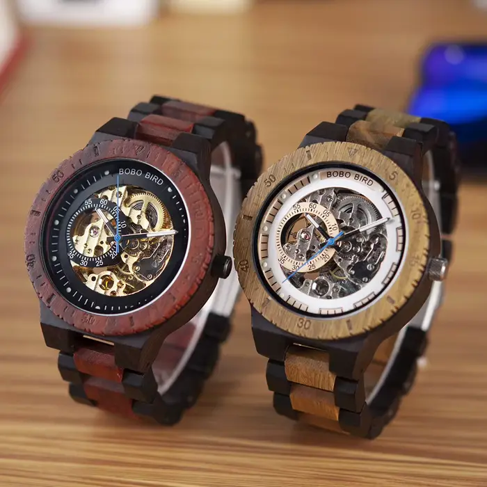 BOBO BIRD Montre mécanique en bois pour hommes Montre-bracelet automatique de luxe Aiguilles lumineuses Chronographe Logo personnalisé Personnaliser Grande boîte-cadeau Support de bijoux élégant en gr