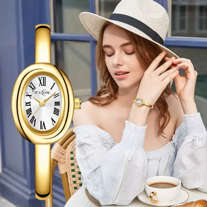 Montre à quartz résistante à l'eau pour femmes : montre-bracelet minimaliste à cadran ovale (cadeau)