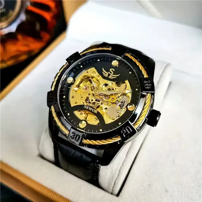 Montre mécanique AOKULASIC automatique pour homme élégante avec bracelet en cuir ajouré résistante à l'eau et boîtier en alliage tendance pour toutes les occasions