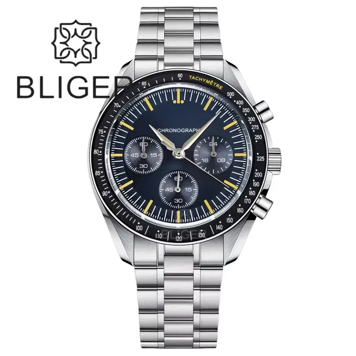 BLIGER 39mm Vintage lune chronographe montre pour hommes VK63 mouvement à Quartz en acier inoxydable bulle cristal étanche vert lumineux