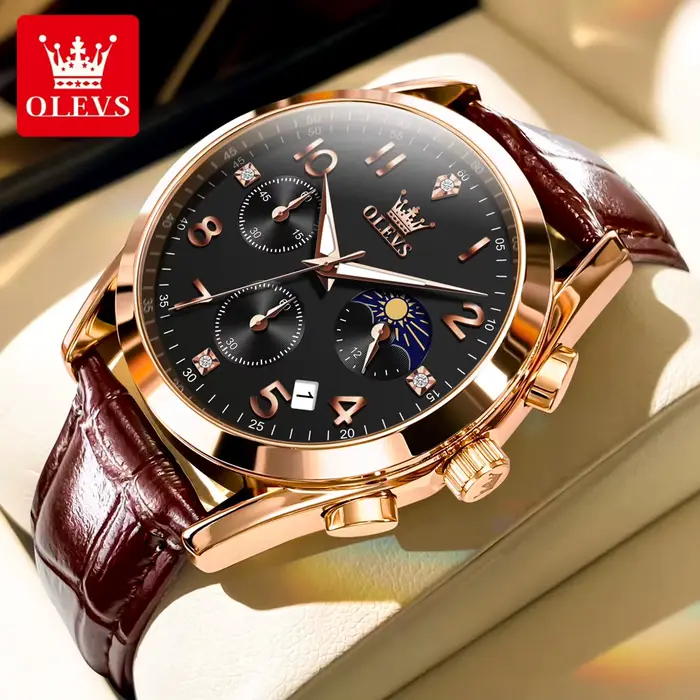 Montre homme OLEVS 2890, phase lunaire, chronographe, calendrier, bracelet en cuir, étanche, montre