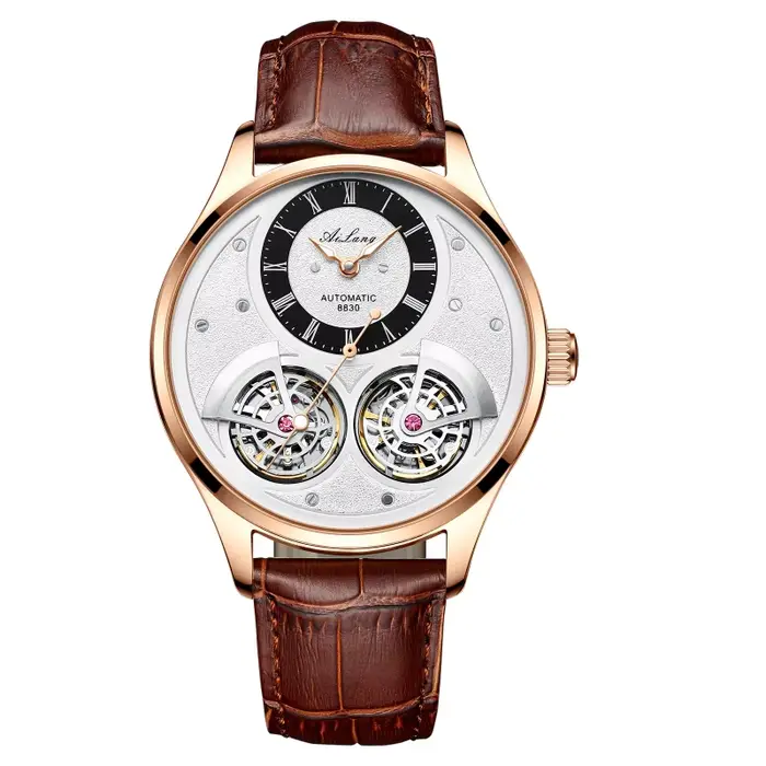 AILANG Montre mécanique pour hommes avec double tourbillon, design élégant, bracelet en cuir, phase 