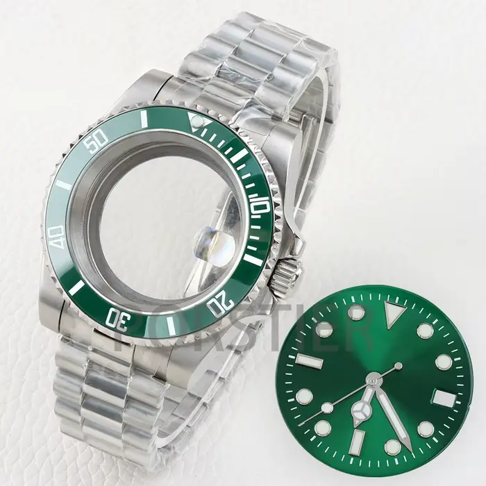 Cadran NH35 de 28.5mm, vert lumineux, boîtier de montre en acier inoxydable argenté de 40mm, verre s