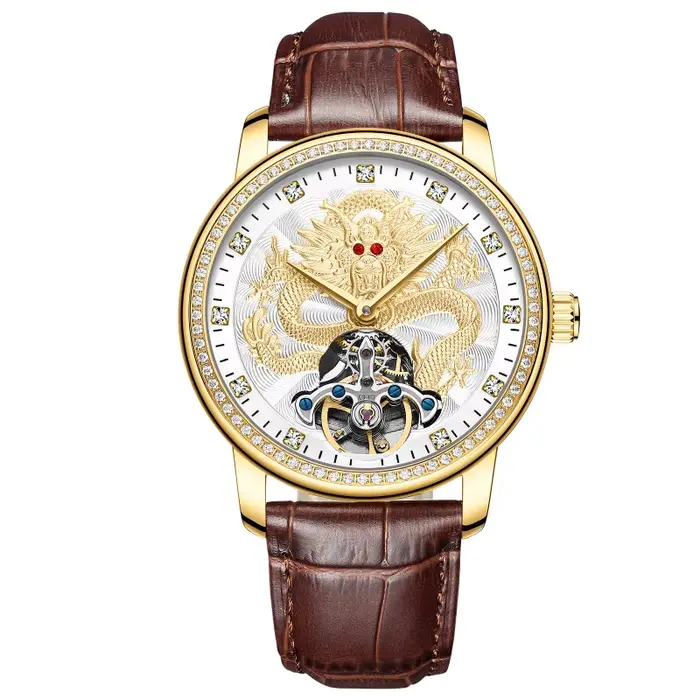 Montres de sport Tiger Design avec tourbillon, bracelet en cuir en acier inoxydable, cadran doré, mo