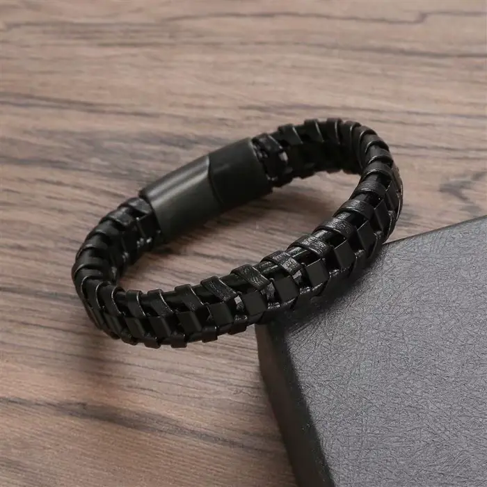 Bracelet tressé en acier inoxydable et cuir tissé à la main pour hommes