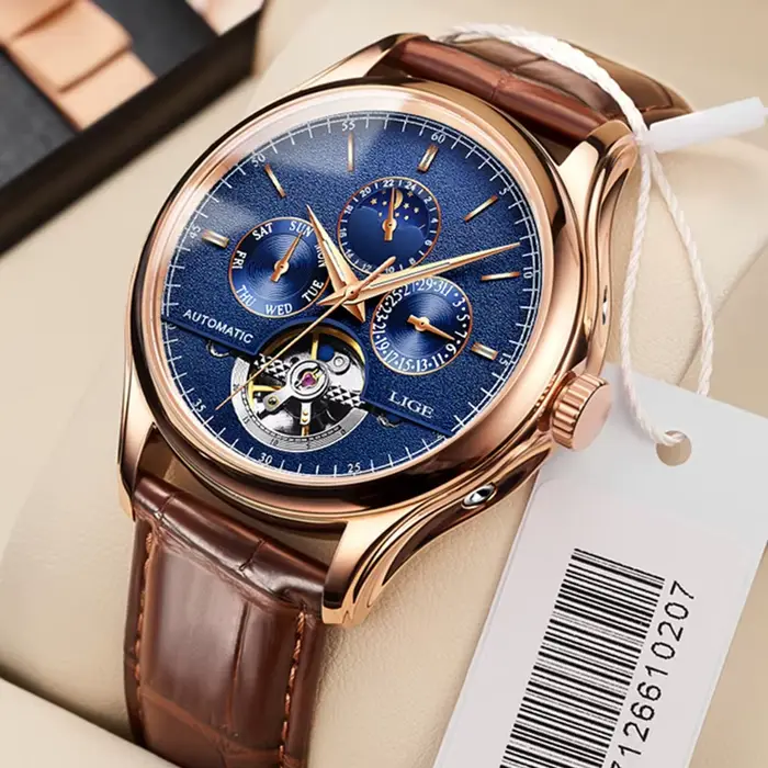 Montre-bracelet mécanique en cuir véritable étanche pour homme