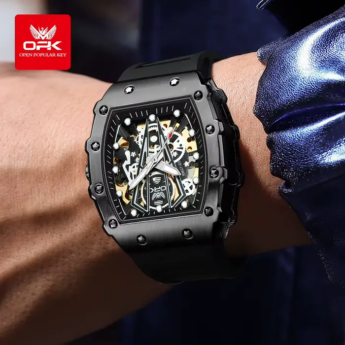 OPK 8180 homme montre bracelet en Silicone mode décontracté Tonneau cadran creux conception étanche lumineux Original montres mécaniques