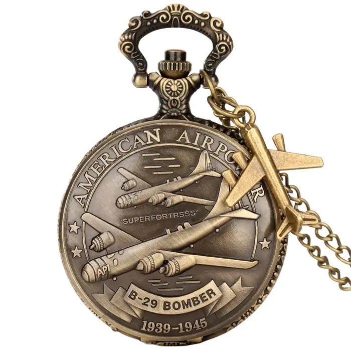 Montre de poche rétro, antique, avion bombardier américain B-29, mouvement à quartz gravé, collier c