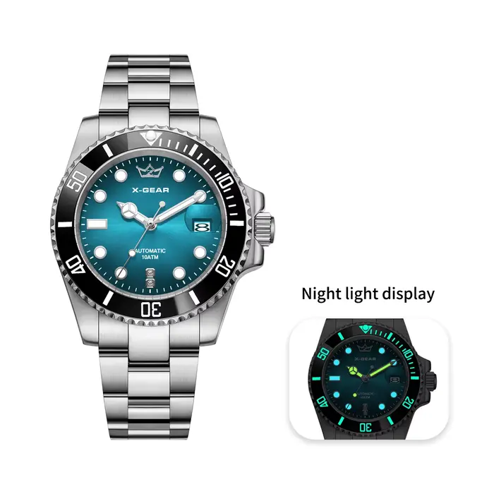 Montre fantôme d'eau bleu profond classique pour hommes, mouvement mécanique X-GEAR, avec loupe de c