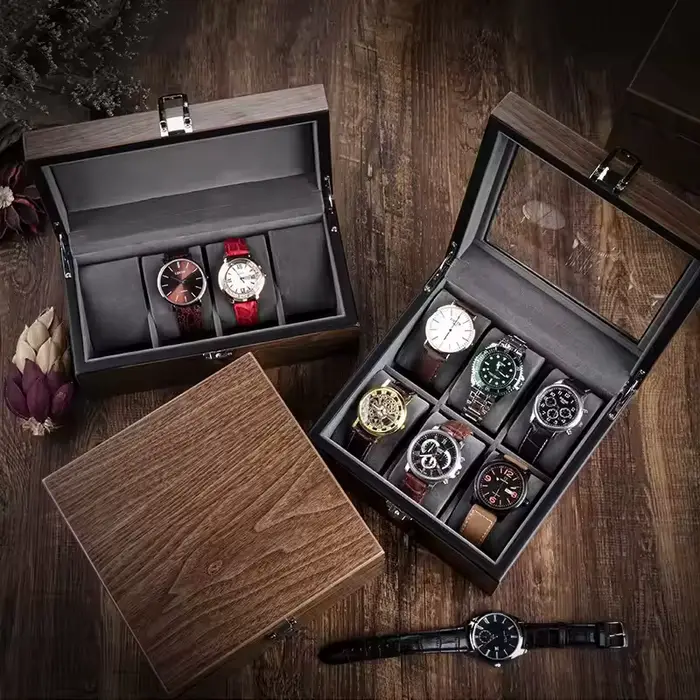 Boite à montres en bois de noyer avec couvercle en verre coussinets amovibles pour protection et présentation de montres occasions spéciales