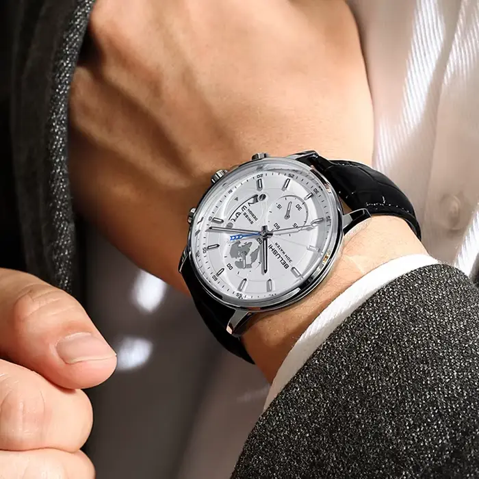Montres de sport homme quartz étanches avec chronographe et calendrier complet en cuir bronze café multicolore rose