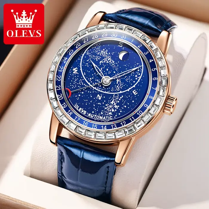 Montre homme OLEVS 9923 phase de lune, cadran ciel étoilé, aiguilles des secondes rotatives, lunette