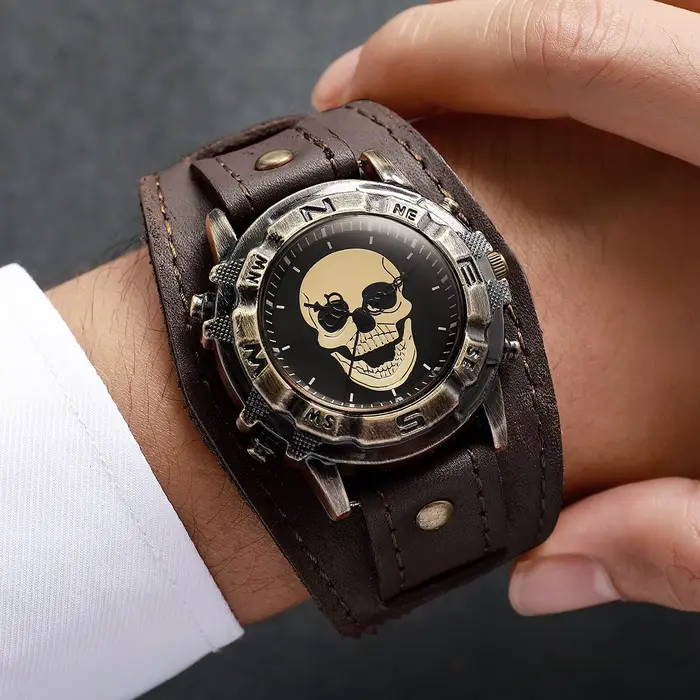 Montre-bracelet à quartz homme bracelet cuir vintage cadran grand style hip-hop occasionnels spéciaux