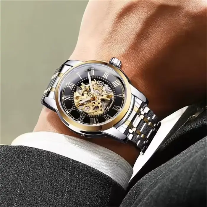 Forsining 349 montre mécanique pour hommes affaires squelette rond argenté noir acier inoxydable montres-bracelets manuelles pour horloge masculine