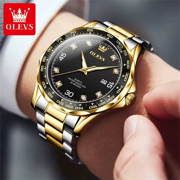 OLEVS montre à Quartz vert doré pour hommes marque de luxe plongée étanche bracelet en caoutchouc en acier inoxydable