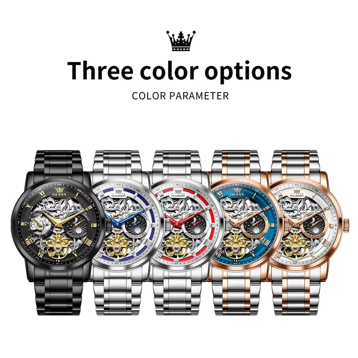 Montre OLEVS 6670 Squelette Luxe Mécanique Phase de Lune Acier Inoxydable Pour Hommes Occasions Spéciales