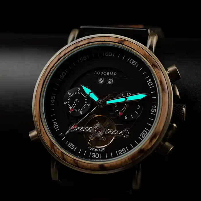Montre mécanique en bois BOBO Bird étanche pour homme avec ventilation manuelle, cadran lumineux et bracelet en bois pour hommes élégants occasions spéciales