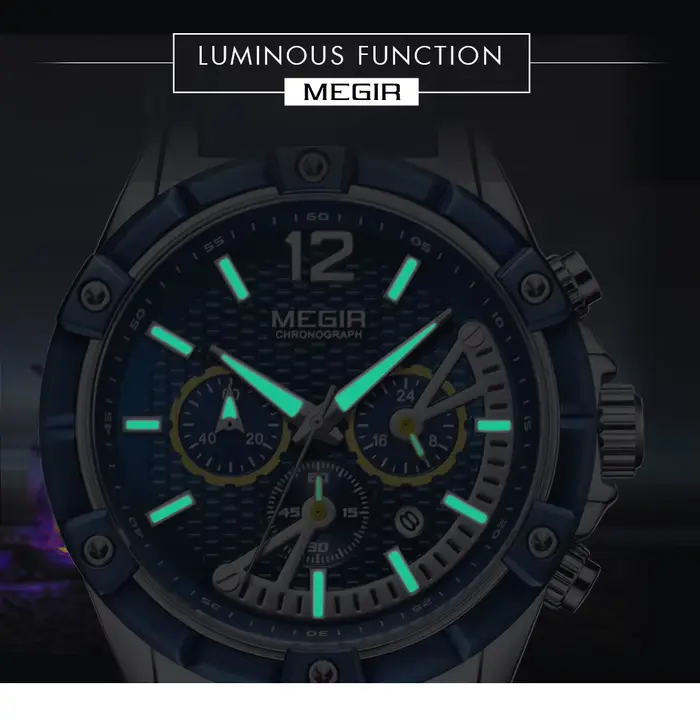 Montre homme MEGIR cadran bleu bracelet cuir résistante à l'eau pour affaires et occasions spéciales quartz élégante