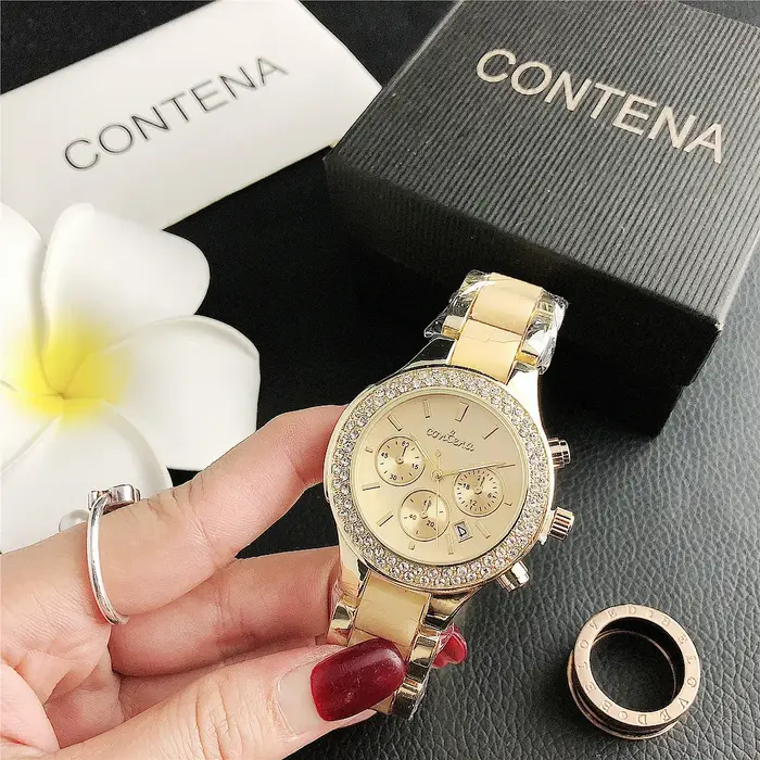 Top marque de luxe or Rose Quartz montre pour femme dames