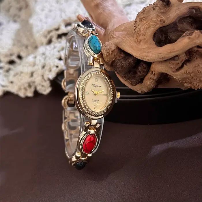 Montre à Quartz pour Femmes avec Pierres Précieuses Colorées Bracelet en Alliage de Lithium Textures Ovales Vintage Style Court Français Occasions Spéciales